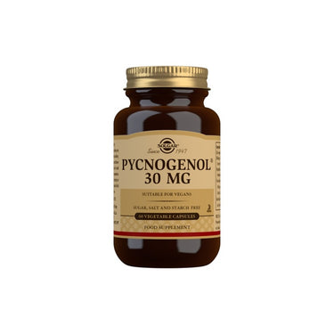 A bottle of Solgar Pycnogenol 30 mg 60 vege capsules on a white background, promoting brain health.